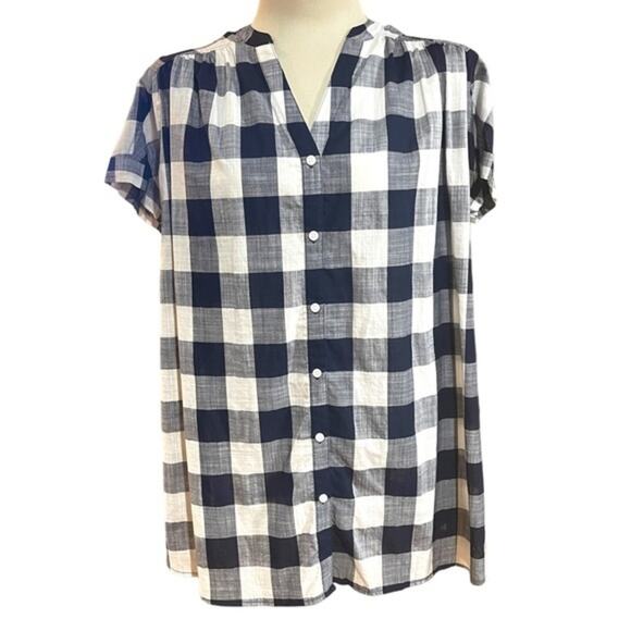 Isabel Maternity Short Cuff Sleeve Button V Neck Blue Plaid Med - Picture 1 of 6